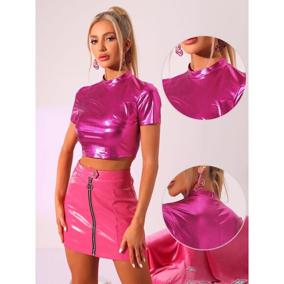 Sparkle Party Tops Short Sleeve Mock Neck Metallic Crop Top Hot Pink - Picture 2 of 6